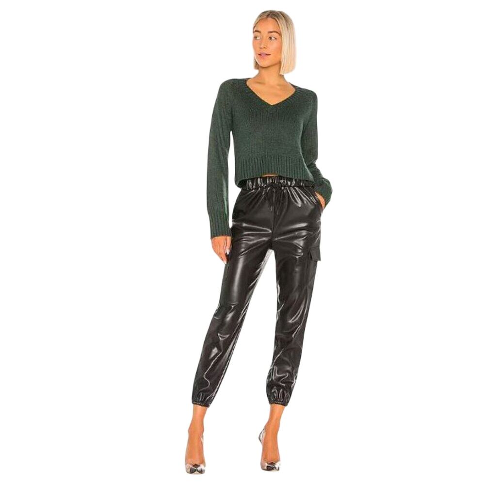 Lovers + Friends Black Vegan Faux Leather Cargo Pants Jogger Utility Size Medium